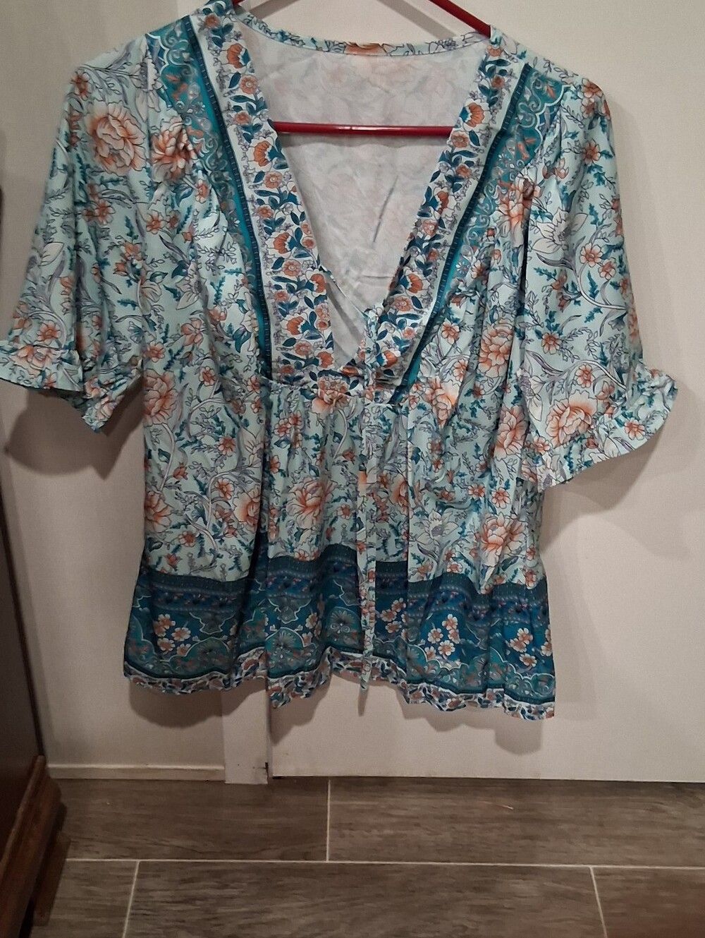 Floral V-Neck Peasant Top - Light Teal/Coral